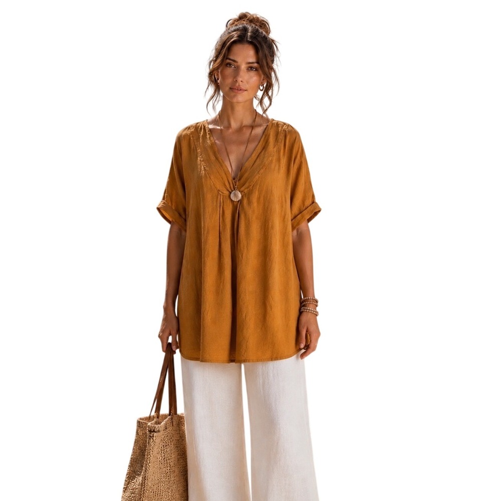 MERSEA Brown Linen Tunic Top Lagenlook Coastal OS